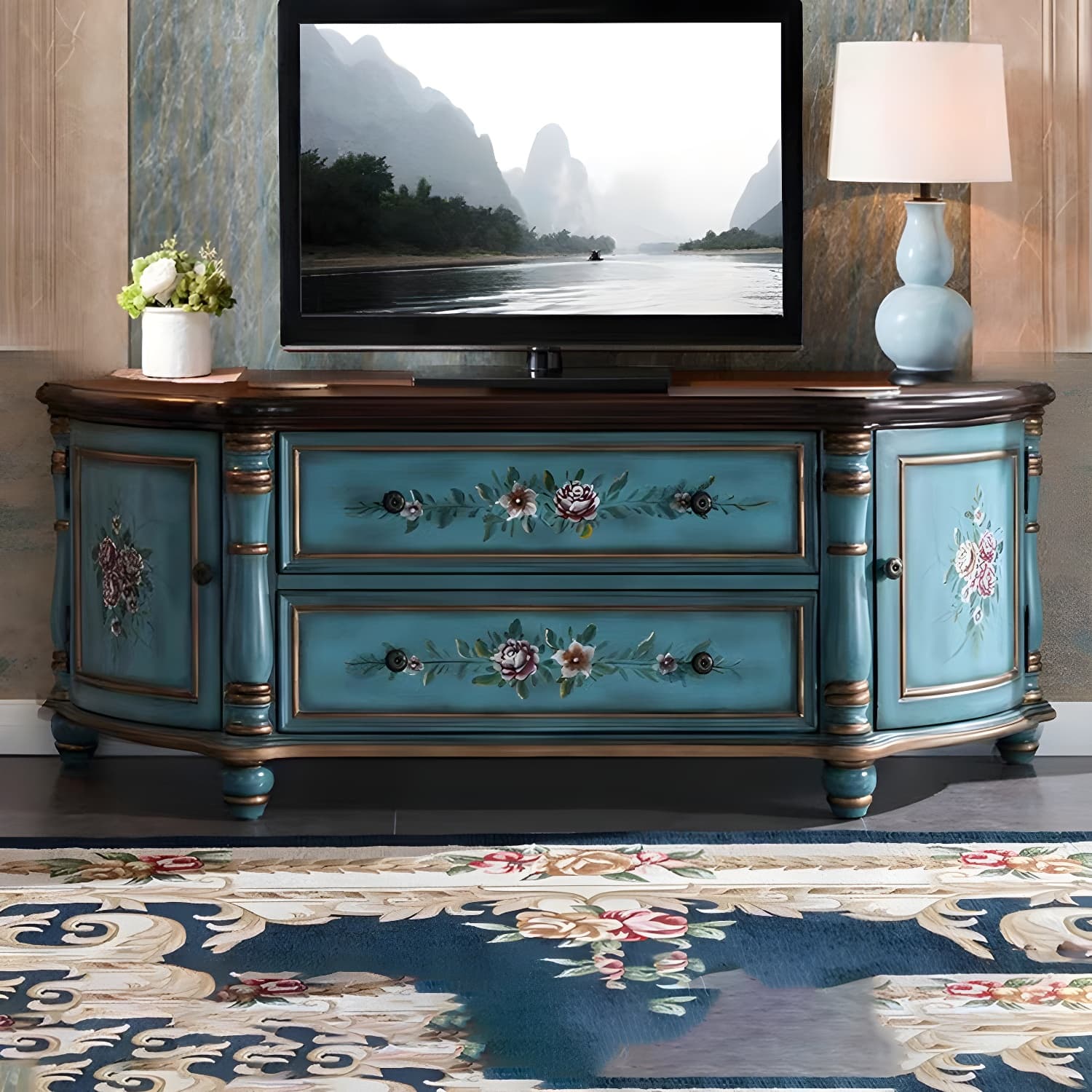 Traditional Birch Wood Media Console Matte Finish TV Media Stand with Drawers thumbnail 3