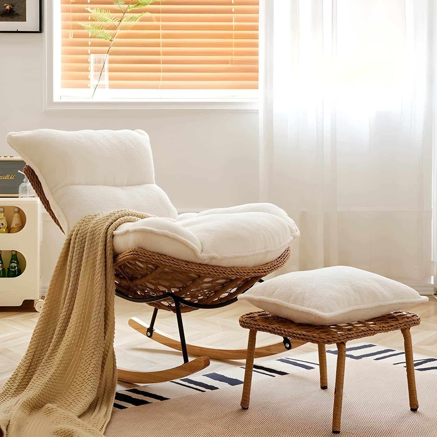 Traditional Armless Design Indoor Rocking Chair with rattan Frame and Nature Wood Legs thumbnail 23