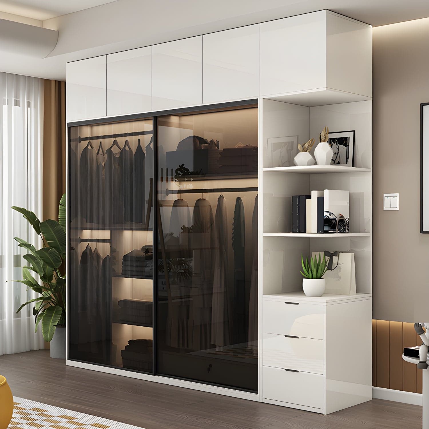 White Glass Wardrobe Rod Included Wardrobe Wardrobe Closet without Light