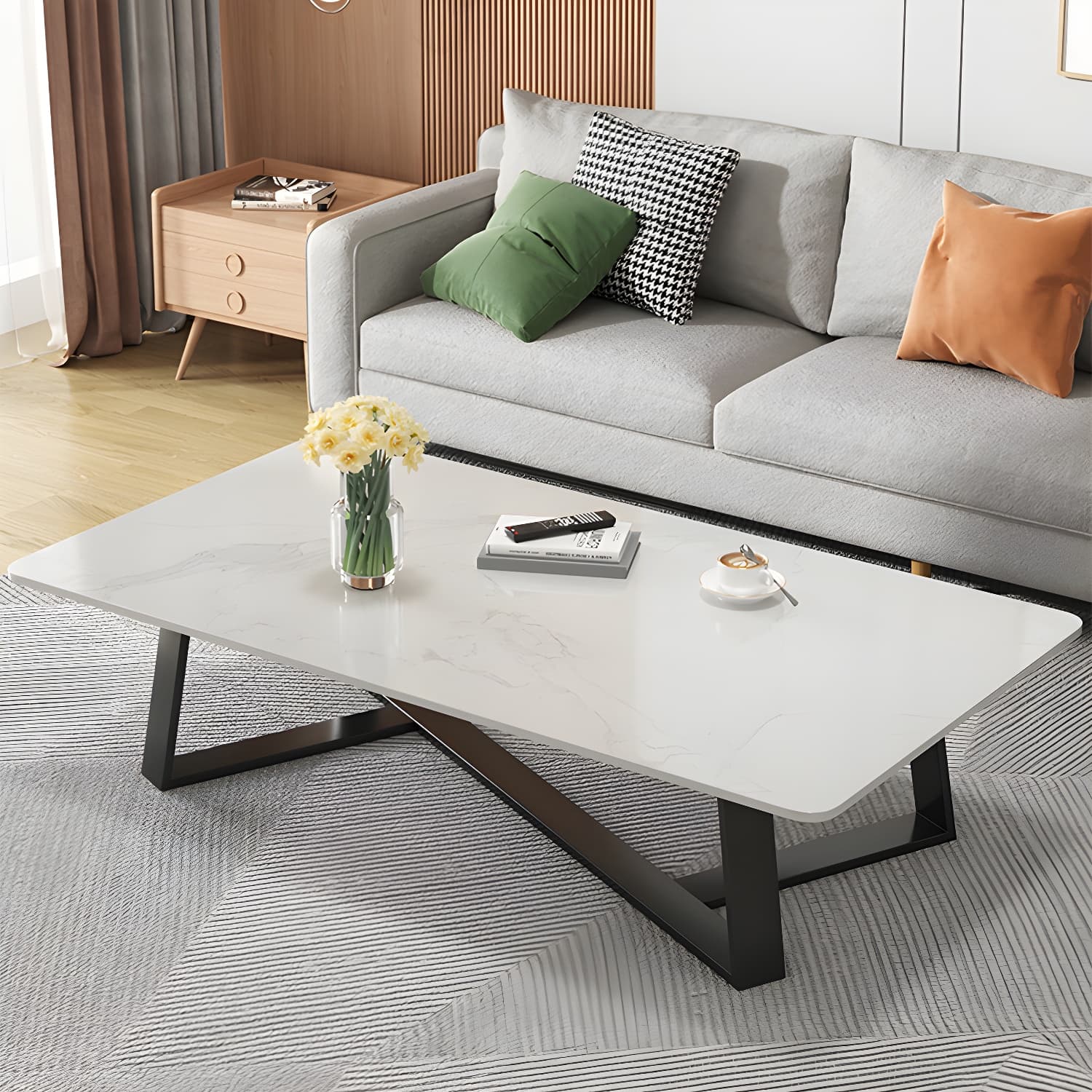 Modern Rectangle Coffee or End Table Stone and Steel Coffee Table with Cross Legs thumbnail 8
