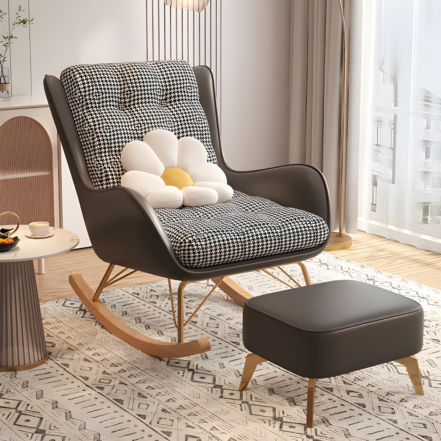 Contemporary Rocking Chair Fabric Upholstered Tufted Wing Chair Back Indoor Rocking Chair thumbnail 7