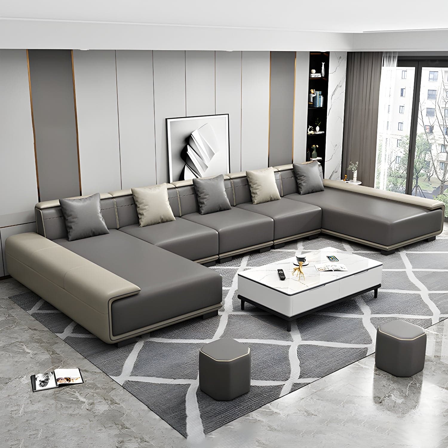 Faux Leather Sofa & Chaise with Pillows Modern U Sofa in Gray - 29.53" H thumbnail 3
