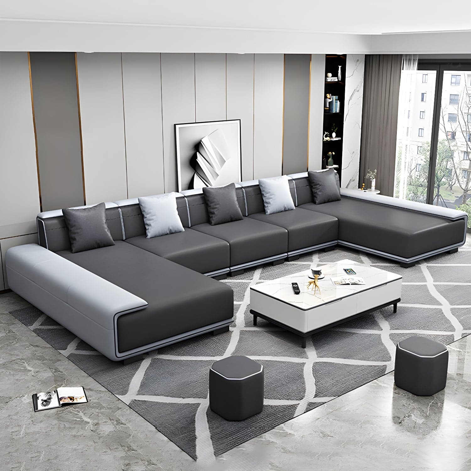 Faux Leather Sofa & Chaise with Pillows Modern U Sofa in Gray - 29.53" H thumbnail 4