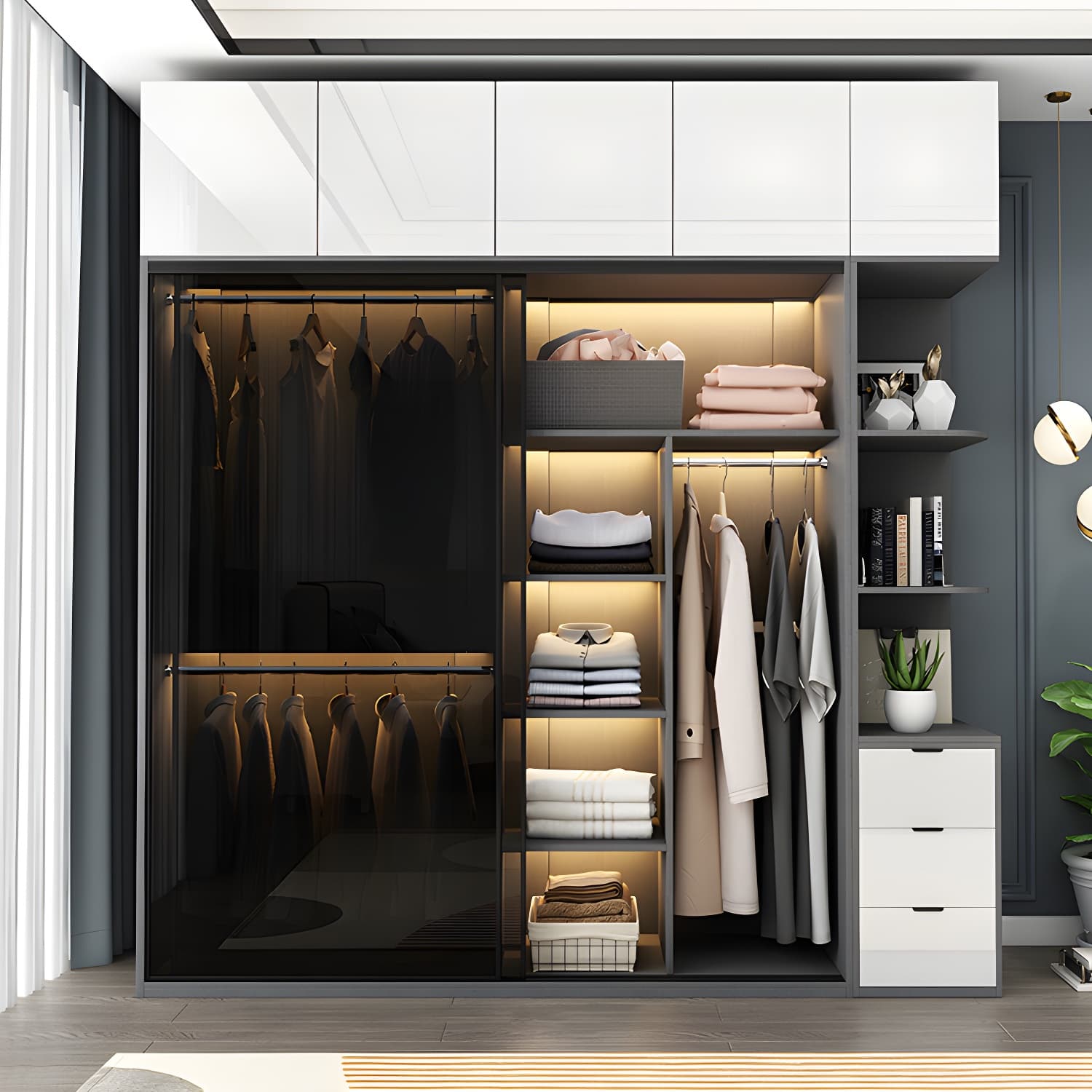 Glass and Wood Wardrobe Armoire Contemporary Wardrobe Cabinet thumbnail 3