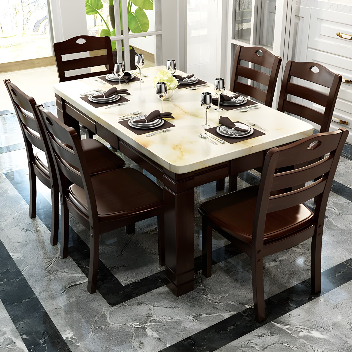 7 Piece Contemporary Rectangle Shape Dining Table Set with Chair thumbnail 5