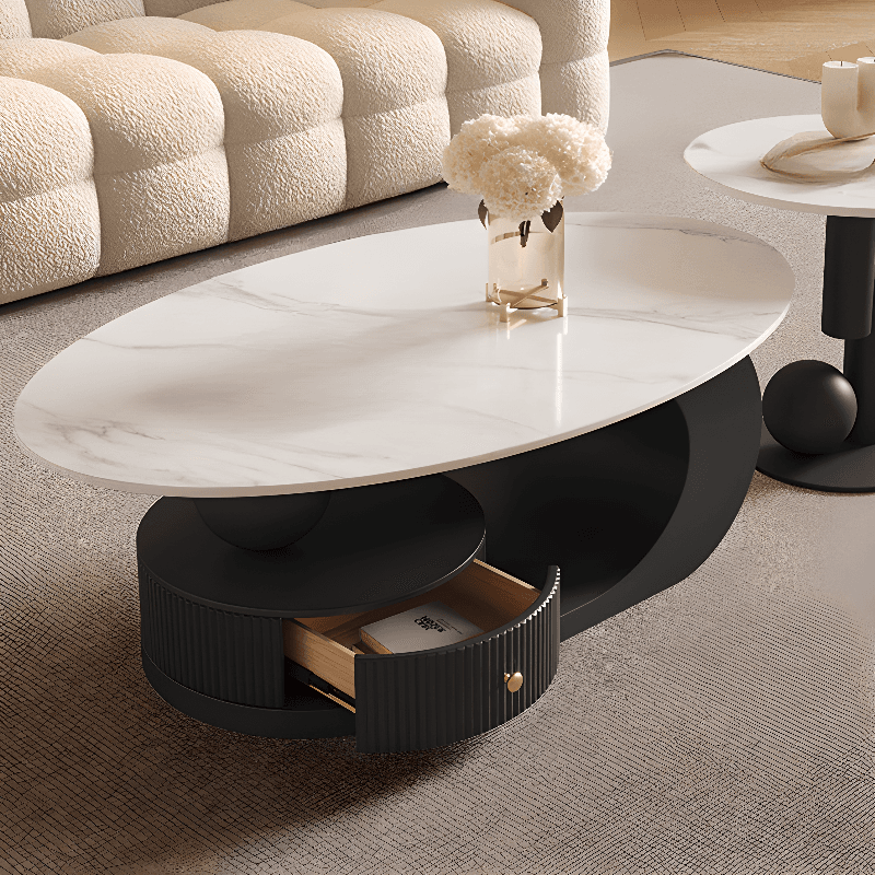 White/Midnight Black Scratch-proofed Oval Sintered Stone Board Game Coffee Table with Abstract Base and 1 Drawer for Living Room thumbnail 3