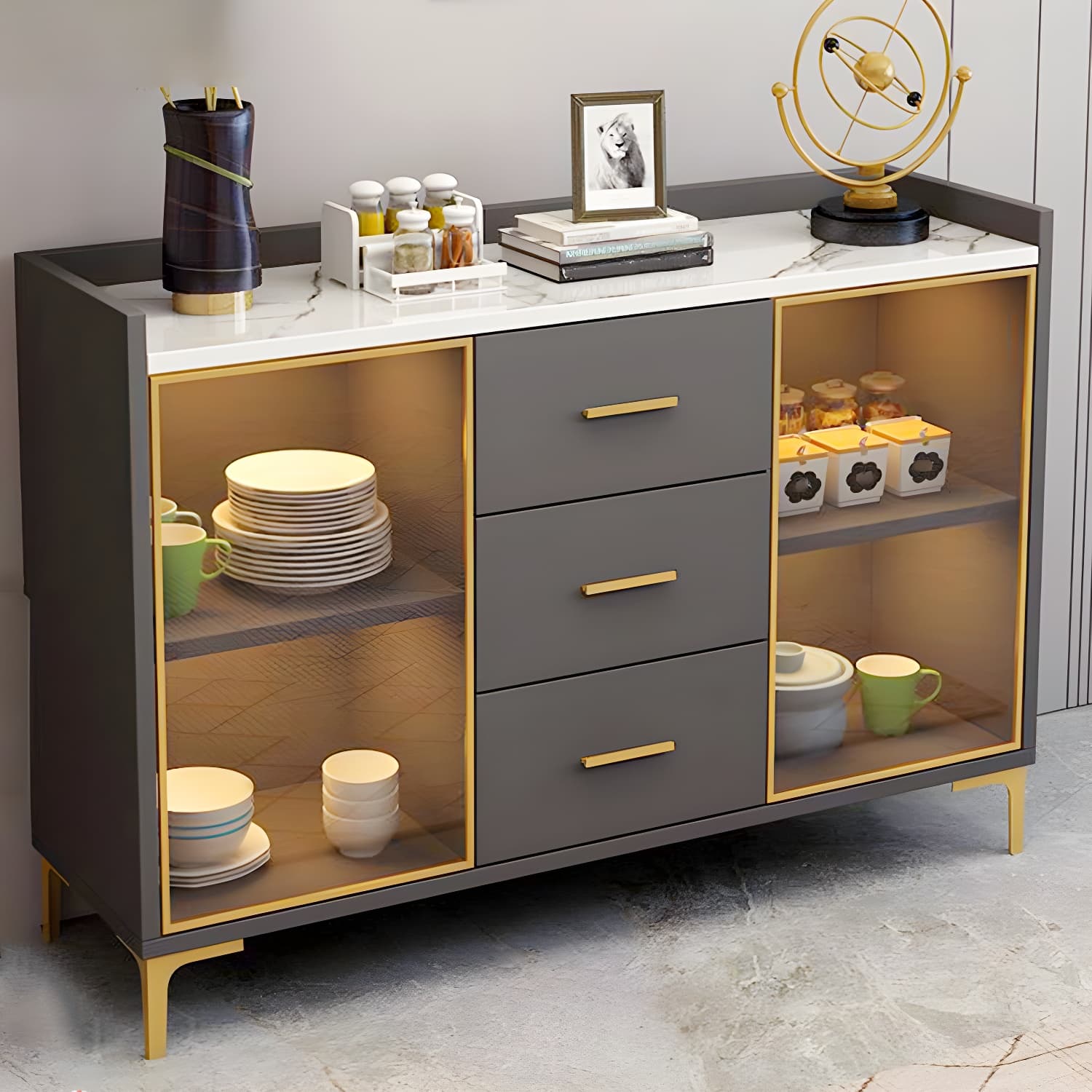 Wood Glass Doors Contemporary Style Buffet Sideboard with Cabinets and Drawers - image 14