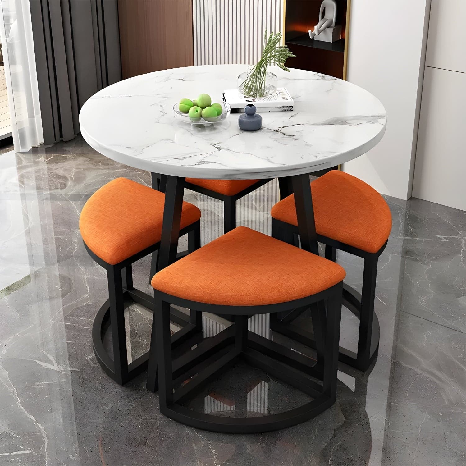 Round White Wood Tone Modern Dining Set with Metal Pedestal Base - Seats 4 thumbnail 7