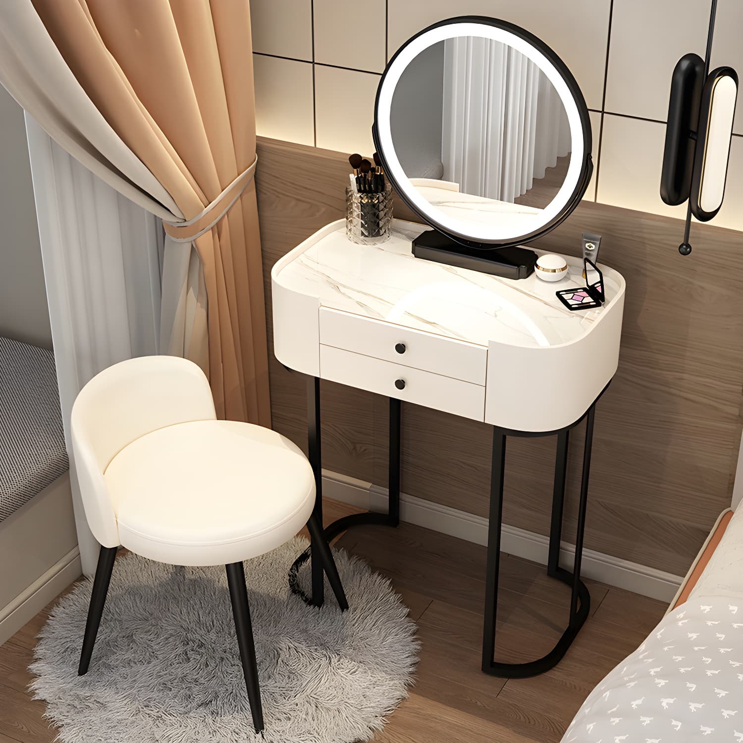 Contemporary Bedroom Makeup Vanity Desk Glass Vanity Dressing Table with Stool thumbnail 7