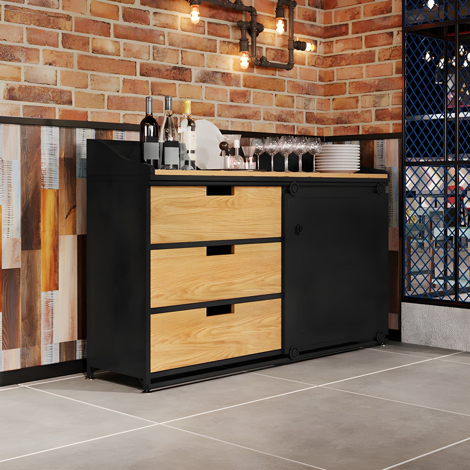 Industrial Metal Sideboard with Drawers, Cabinets, and Open Storage - 3 Drawers, 1 Interior Shelf thumbnail 6