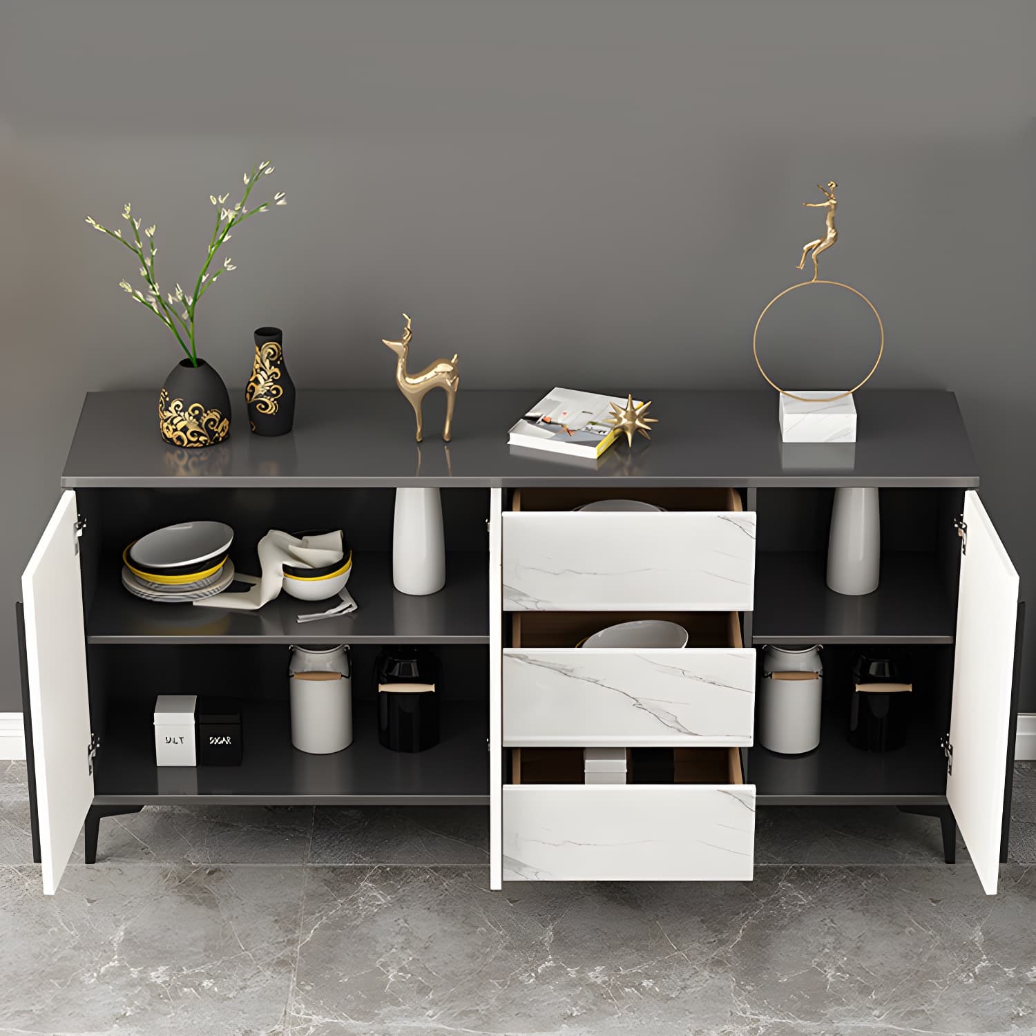 Engineered Wood Buffet Server with Drawers Modern Sideboard Table thumbnail 11