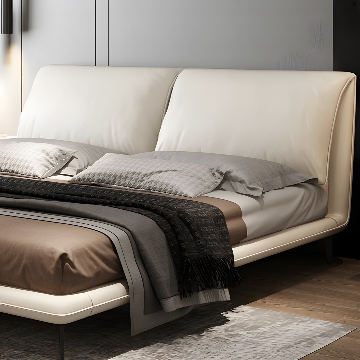 Modern Low Profile Panel Bed Genuine Leather Upholstered Bed Frame thumbnail 9