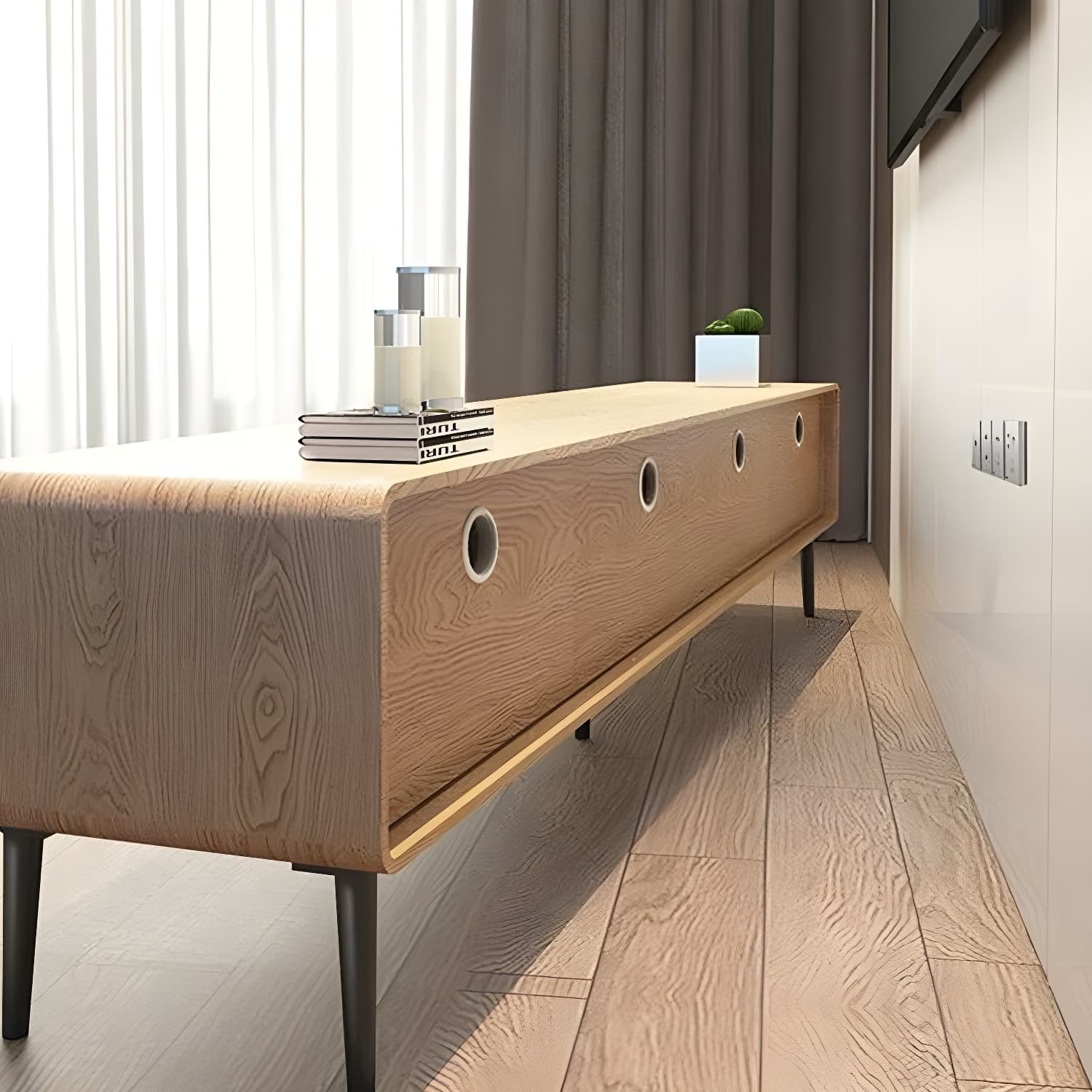 Modern Wooden Long and Low TV Stand with 4 Drawers, No Assembly Required, Dark Tone thumbnail 17