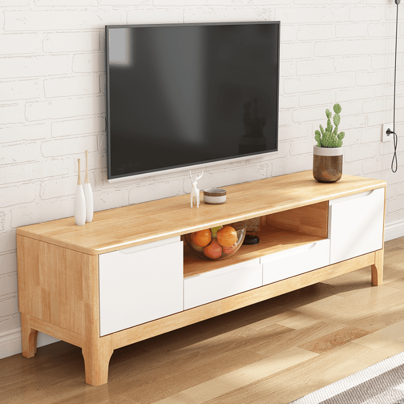 Art Deco Natural Wood TV Stand with 2 Drawers, 2 Cabinets, and Visible Storage thumbnail 6