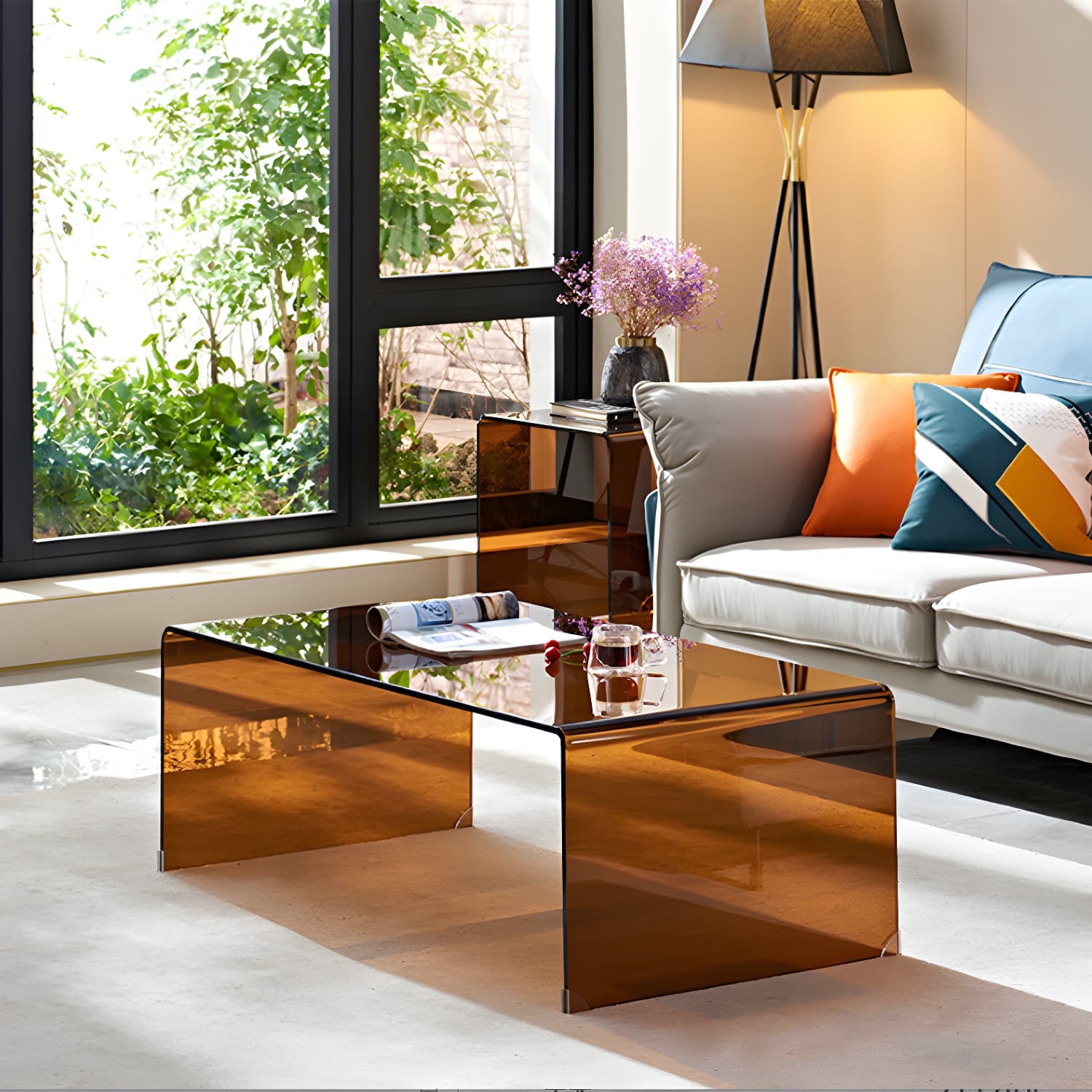 Brown Glass Sled Coffee Table Modern Rectangular 1 Single Cocktail Table thumbnail 2