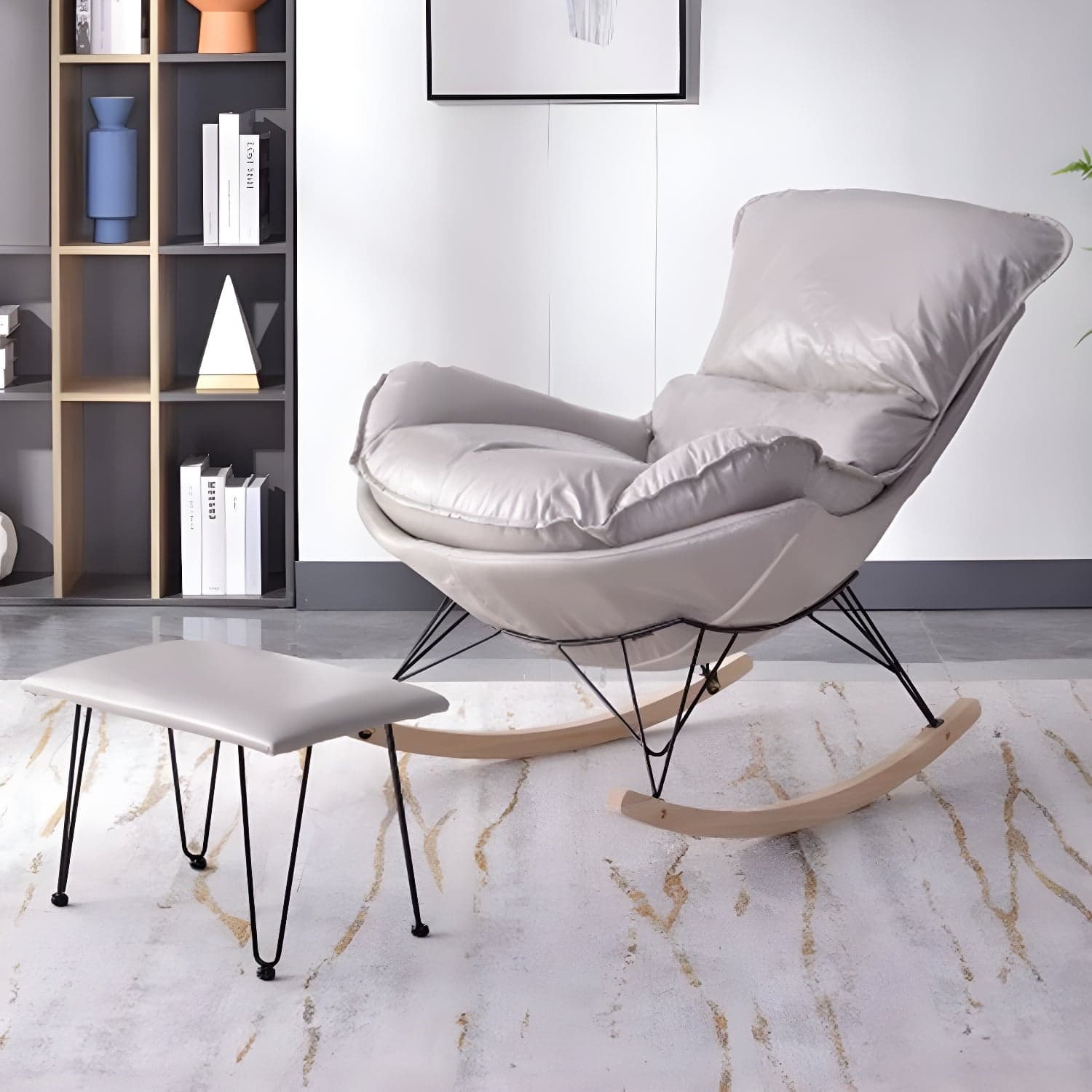 Modern Upholstered Rocking Chair with Ottoman Set - Natural Wood Legs thumbnail 6