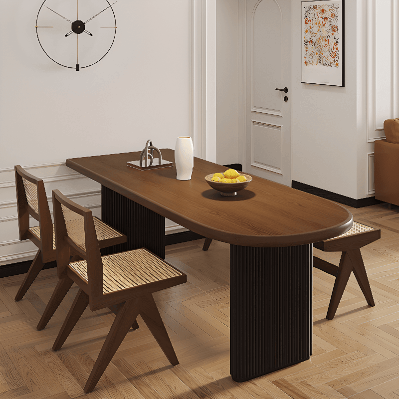 Minimalist Peninsula Dining Table Set with Wood Slab Top, Two-sided Pedestal Base, Fixed Table in Auburn thumbnail 1