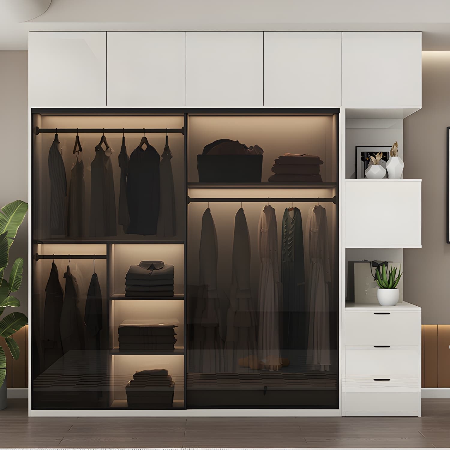 White Glass Wardrobe Rod Included Wardrobe Wardrobe Closet without Light thumbnail 4