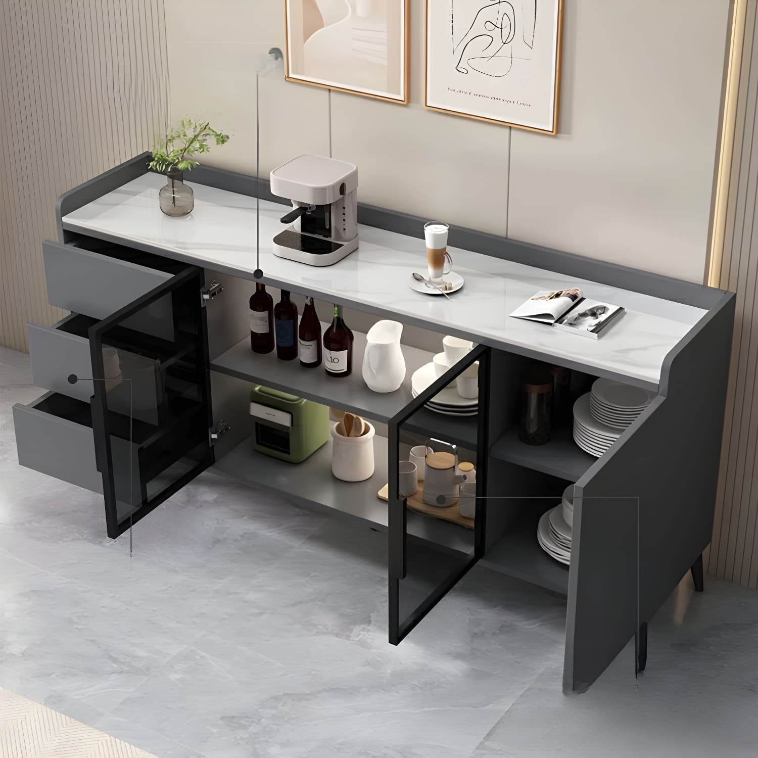 Stone Top Modern Wood Sideboard Credenza with 3 Drawers and Glass Doors thumbnail 9
