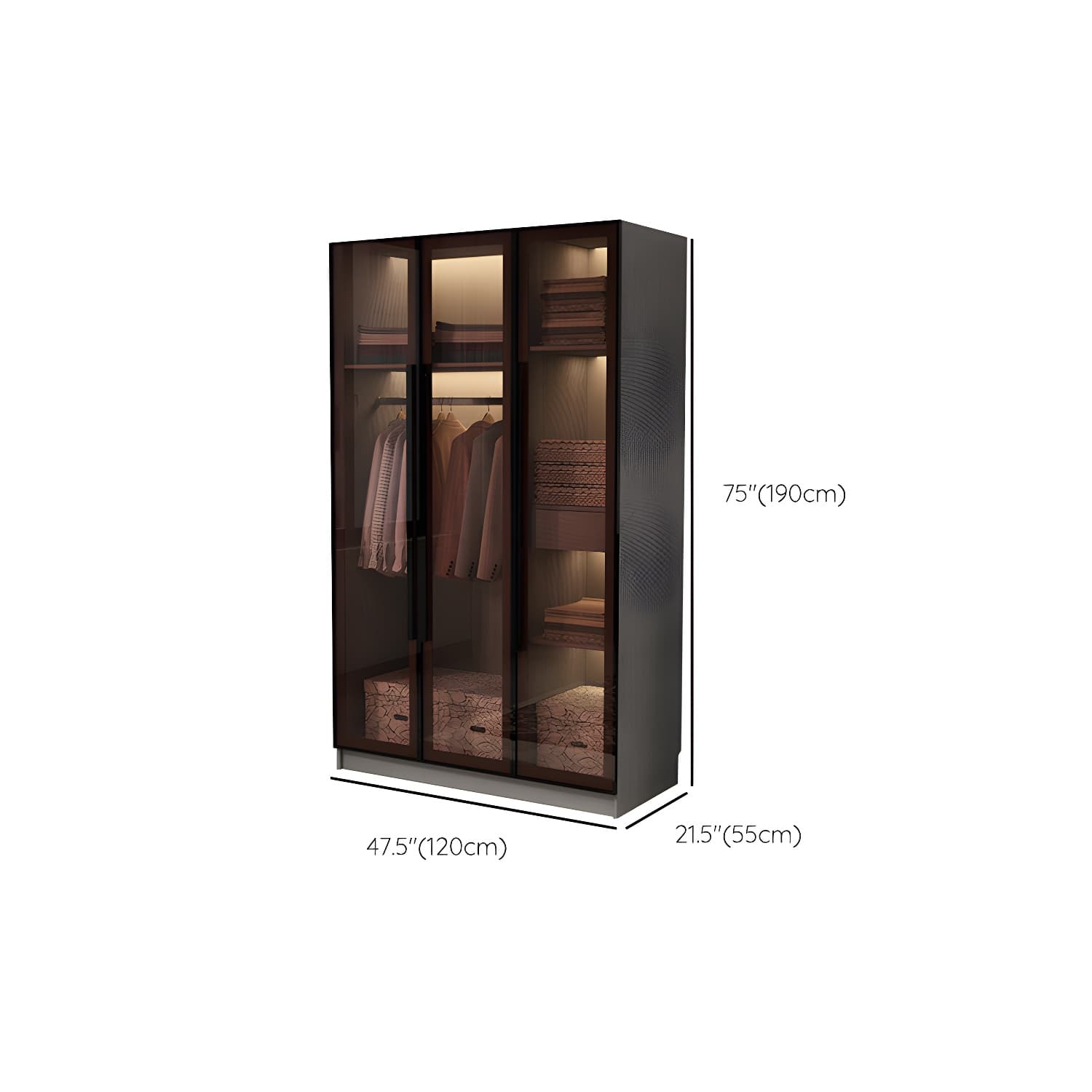 Modern Glass Hinged Doors Wardrobe Armoire Wood Frame Wardrobe with Shelves without Light thumbnail 13