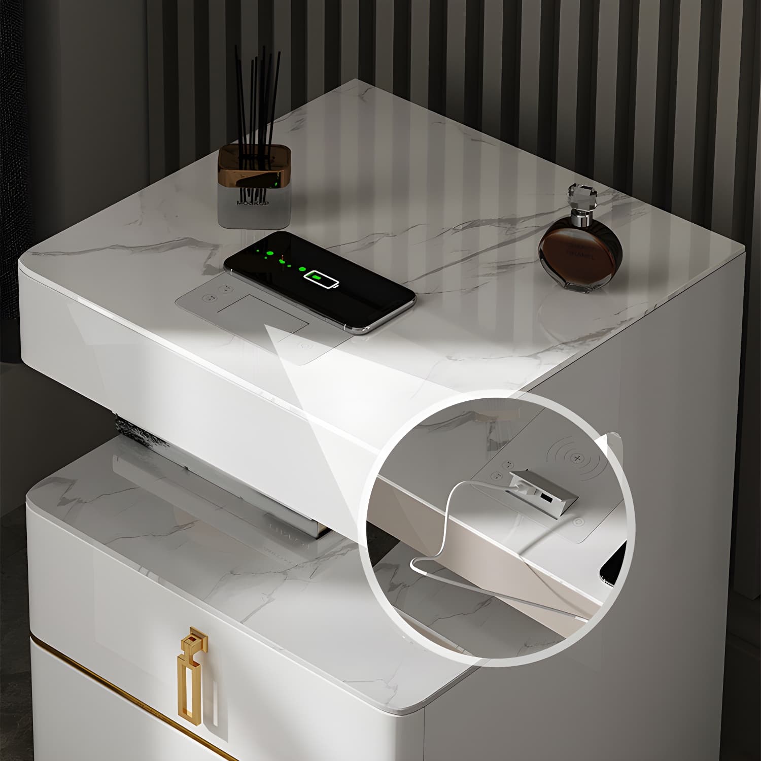 3-Drawer Nightstand with USB charging 21.65" Tall Faux Leather Nightstand thumbnail 11