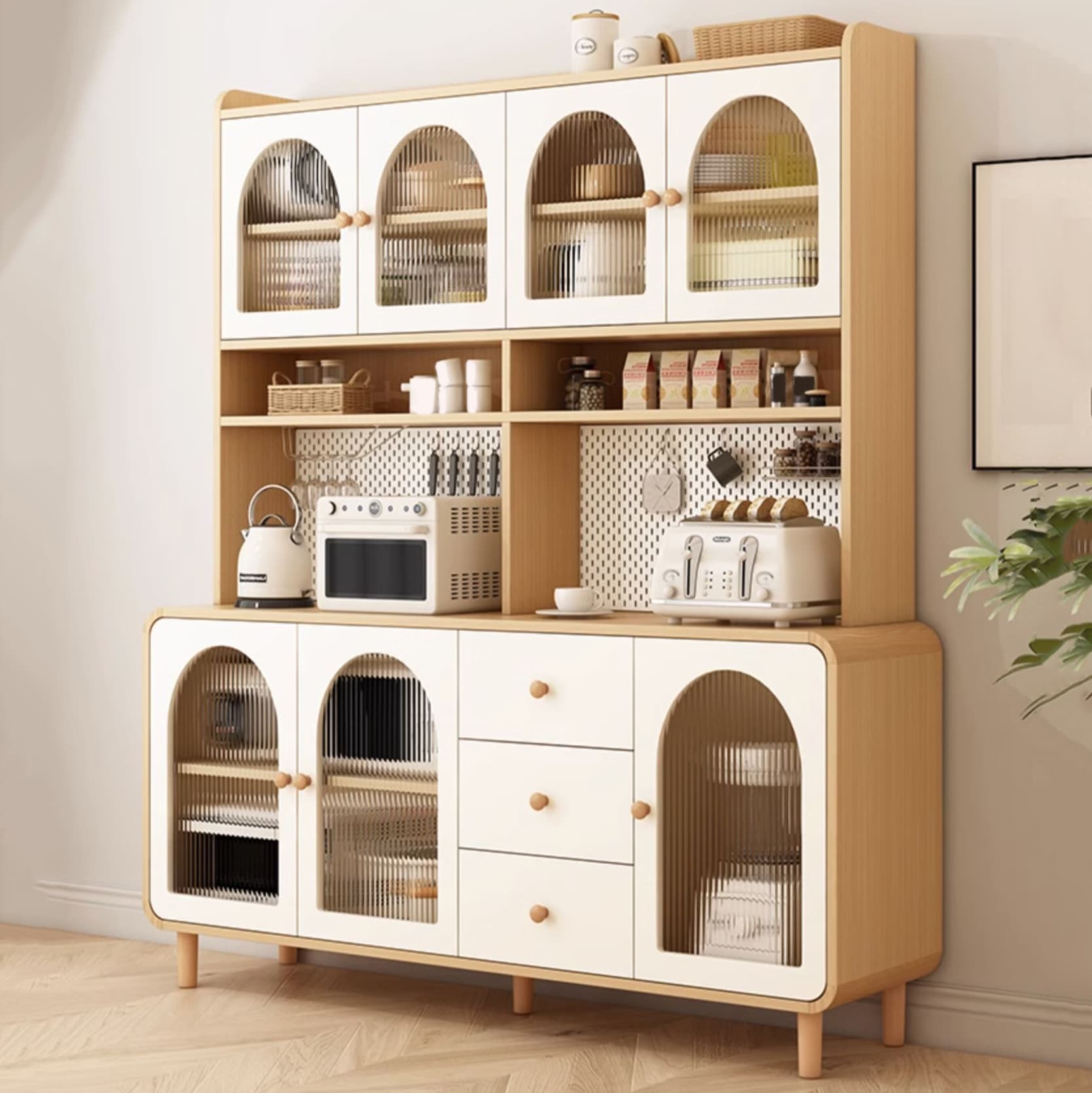 Scandinavian Wood Buffet 3 Cabinet Doors with Glass Interior Shelves thumbnail 3