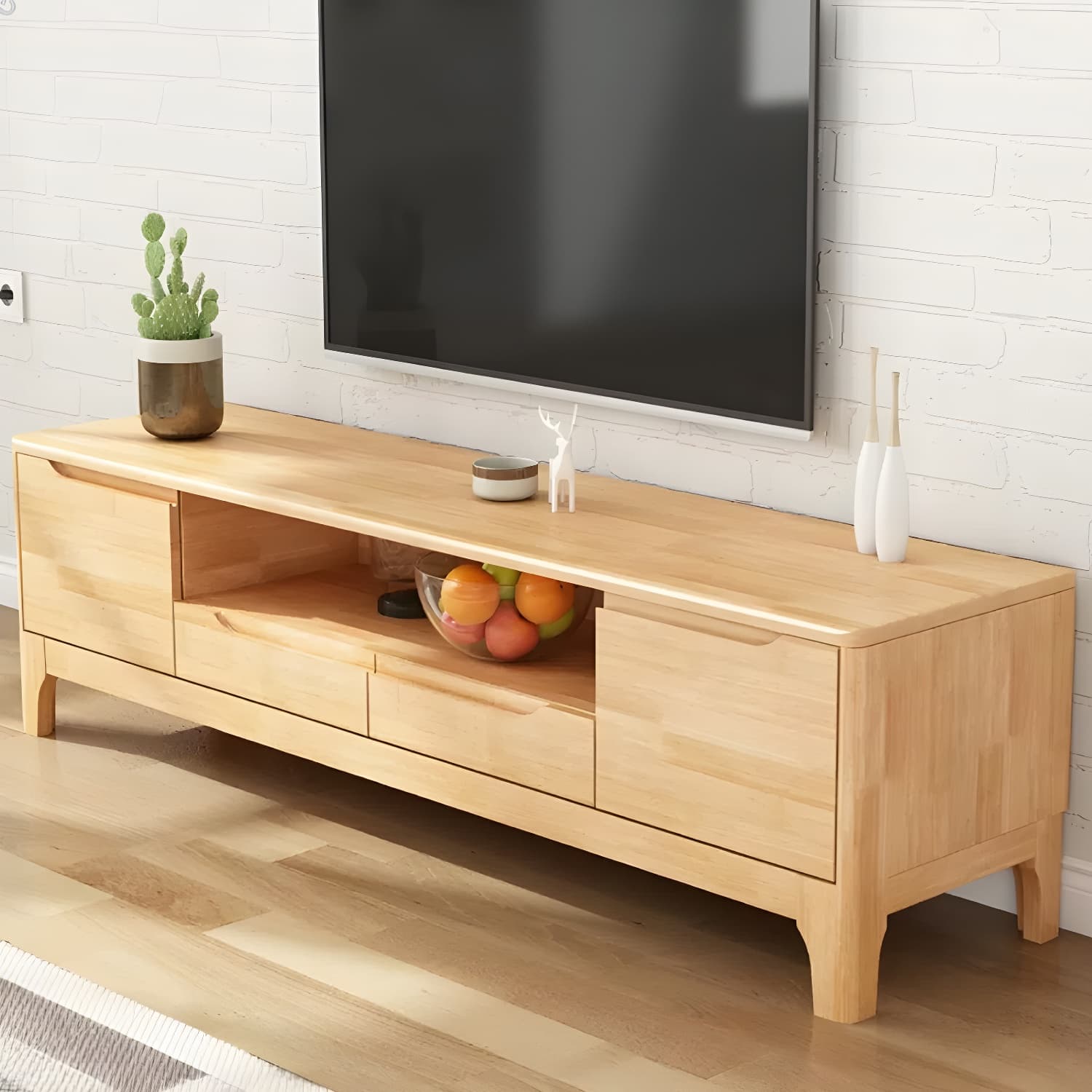 Scandinavian with Drawers Rubberwood with Cabinet TV Media Console thumbnail 5