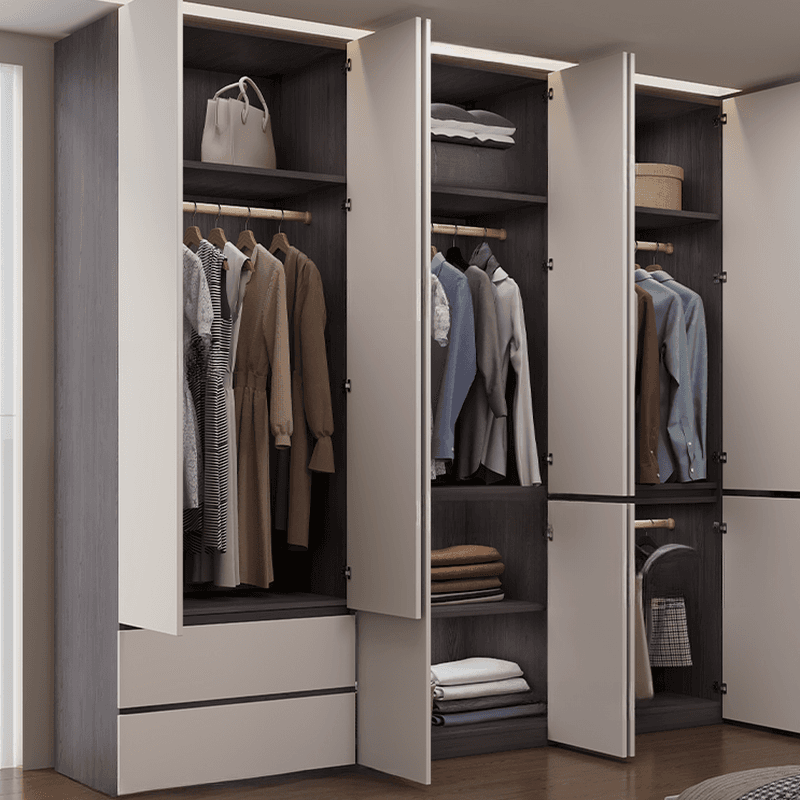 Light Gray Modish Manufactured Wood Independent Armoire Cabinet with 2 Drawers/4 Drawers, Interior Shelves, and Clothing Rod