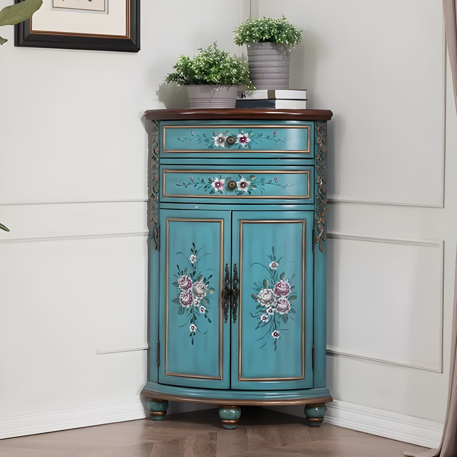 Rustic Corner Accent Cabinet with Wood Counter Top, Drawers, and Cabinet, Small Size thumbnail 2