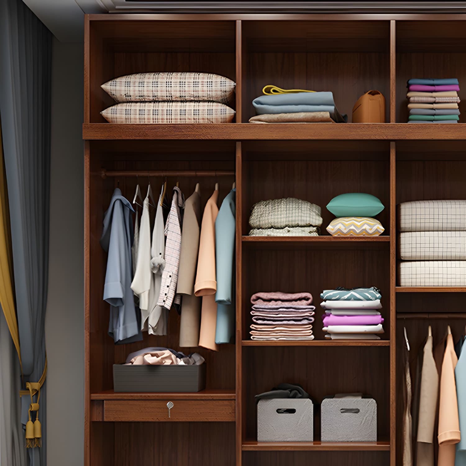 Wood Brown Rustic Wardrobe Armoire with Drawers & Shelves, Walnut Finish thumbnail 7