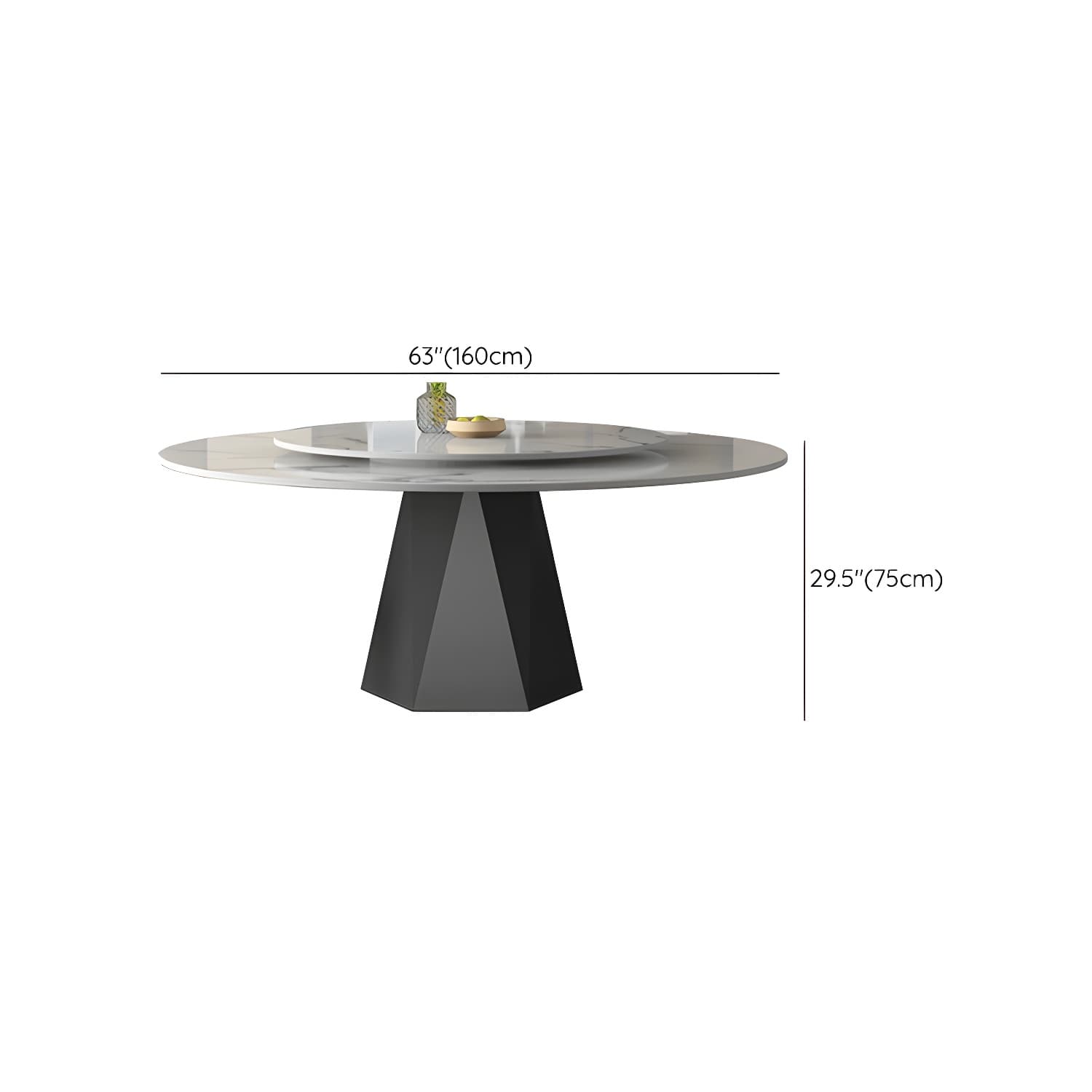 Round White Marble Modern Dining Table with Black Steel Pedestal Base and Convenient Lazy Susan thumbnail 15