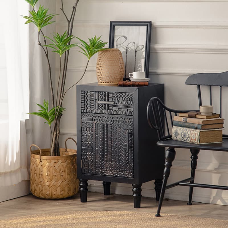 Modern Black Wood Console Cabinet with Cubby Storage and Wood Scoring & Rub Through Detailings thumbnail 11