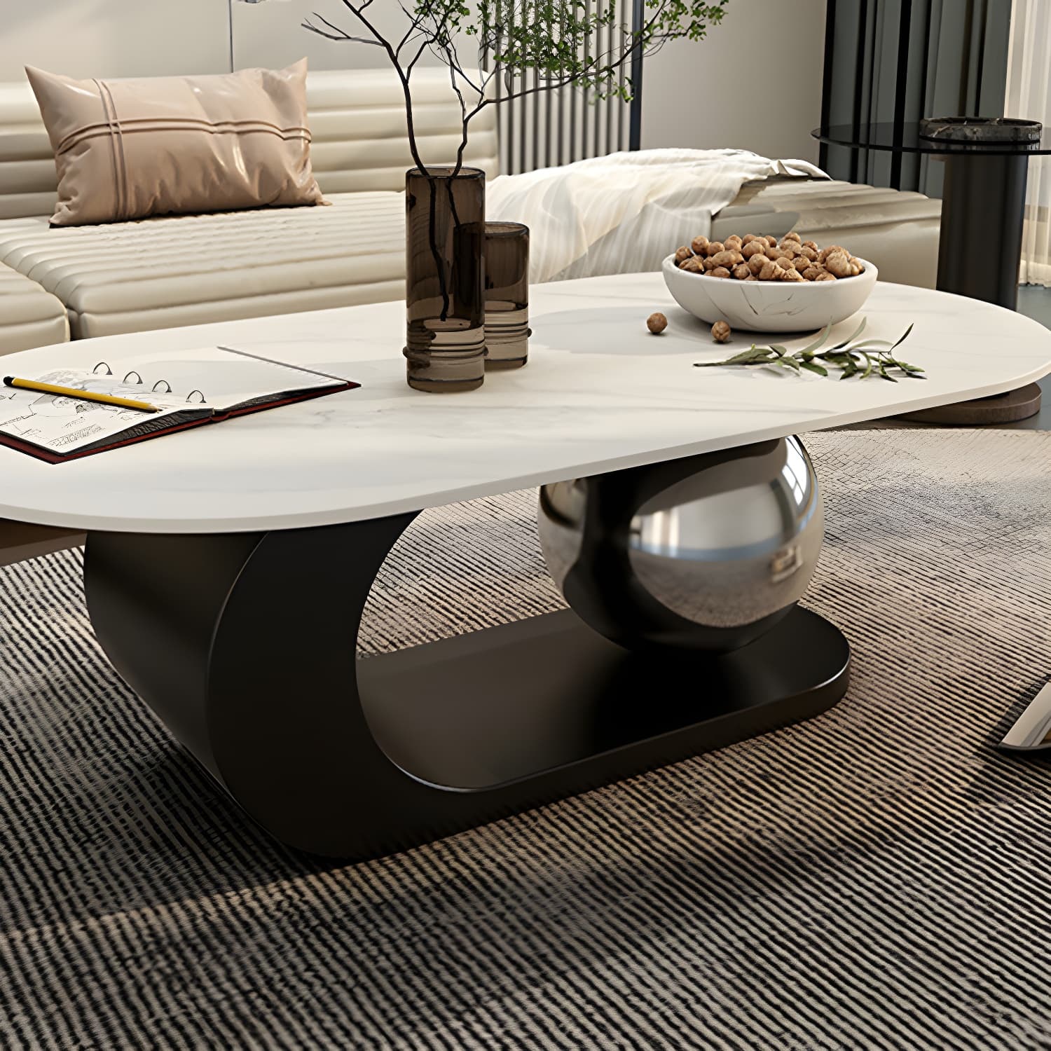 14"H Glam Coffee Table Slate Oval Pedestal Coffee Cocktail Table thumbnail 11