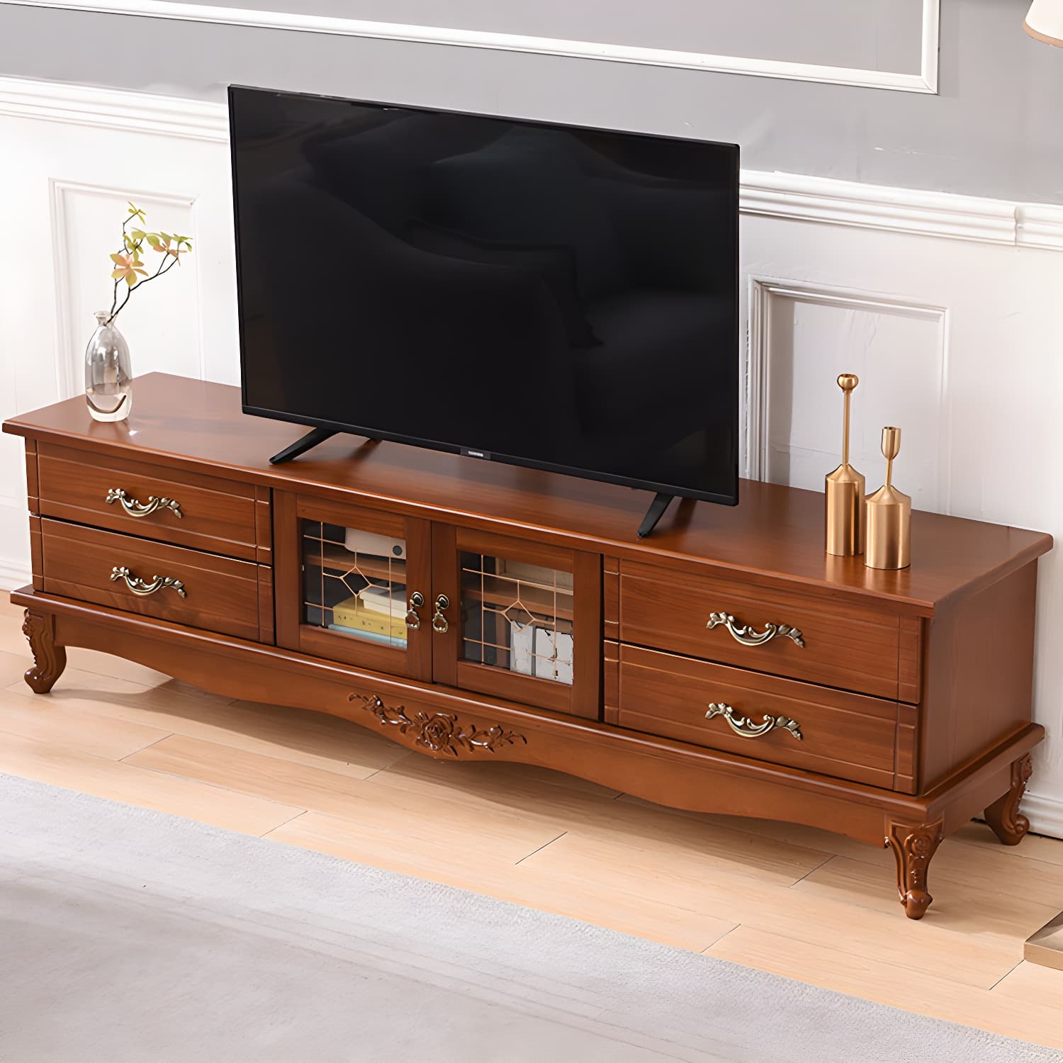 Traditional Solid Wood TV Cabinet Living Room Luxury TV Stand with Glass Doors thumbnail 1