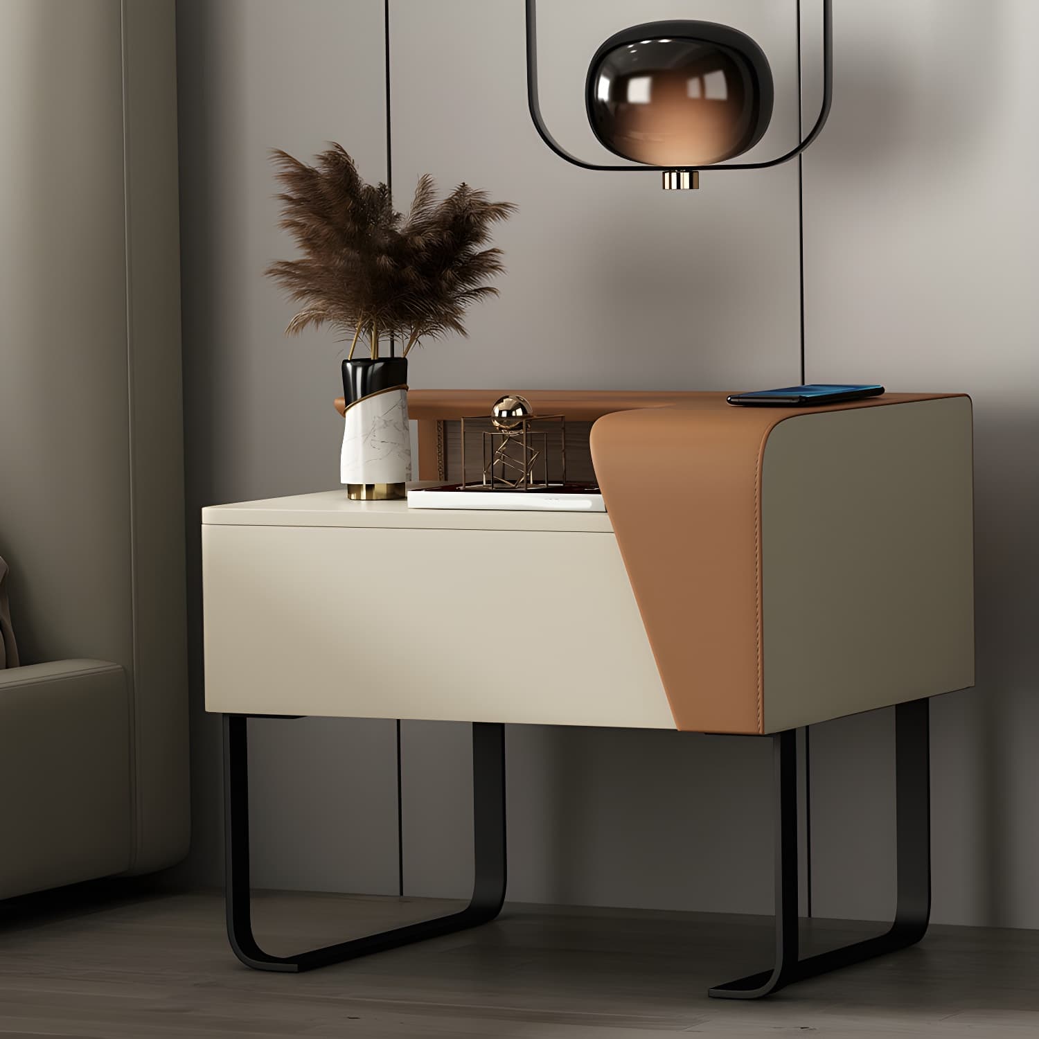 Modern Wooden Nightstand 19" Tall Sled Bedside Cabinet with Drawer thumbnail 18