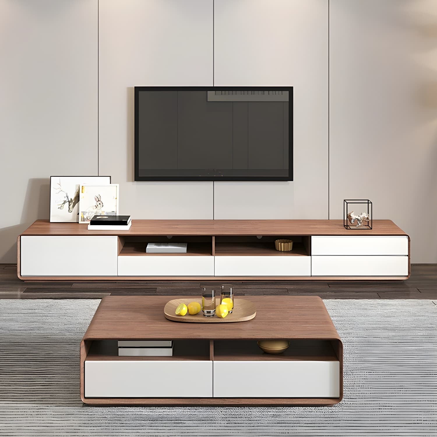Scandinavian Wood TV Stand with Drawers and Cabinet for Long TVs - Cable Management Included thumbnail 4