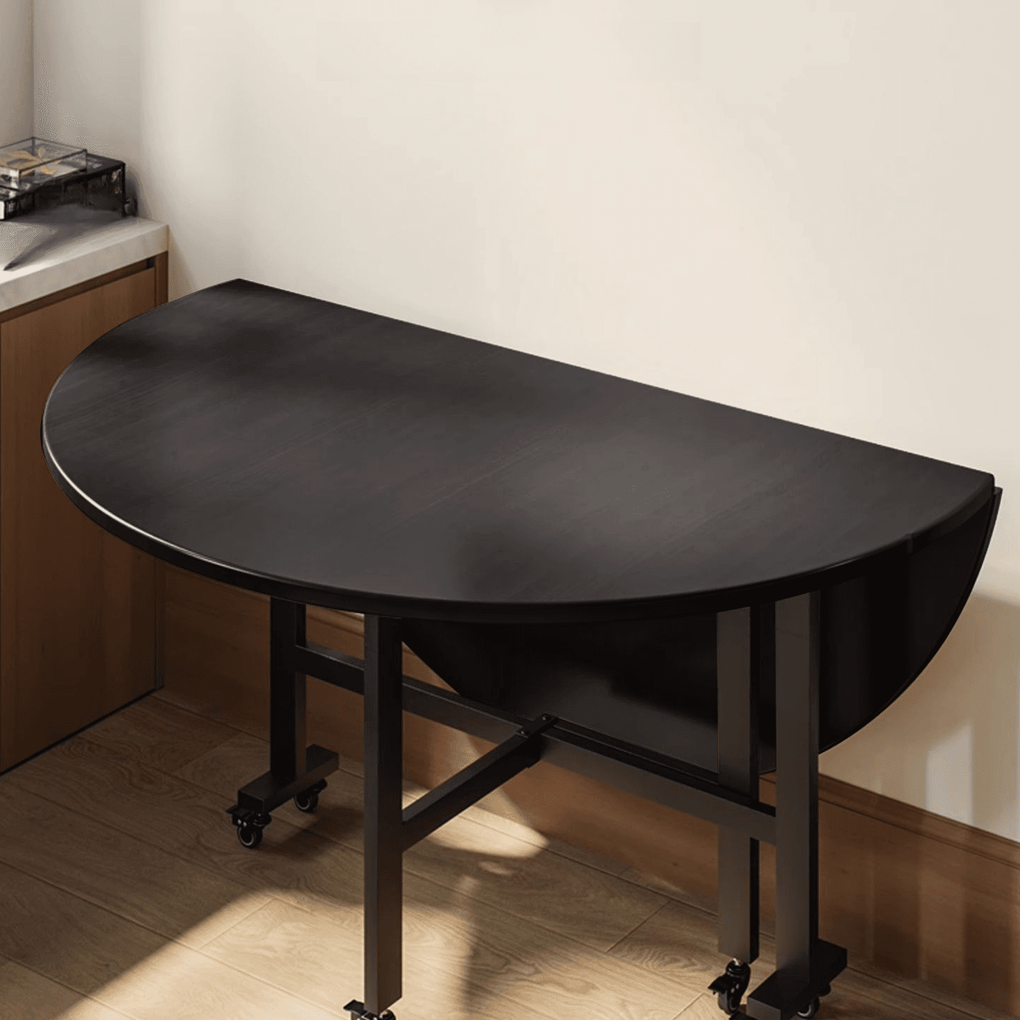 Contemporary Circular-shaped Dining Table with Timber Top in Brown, Extendable Feature thumbnail 4