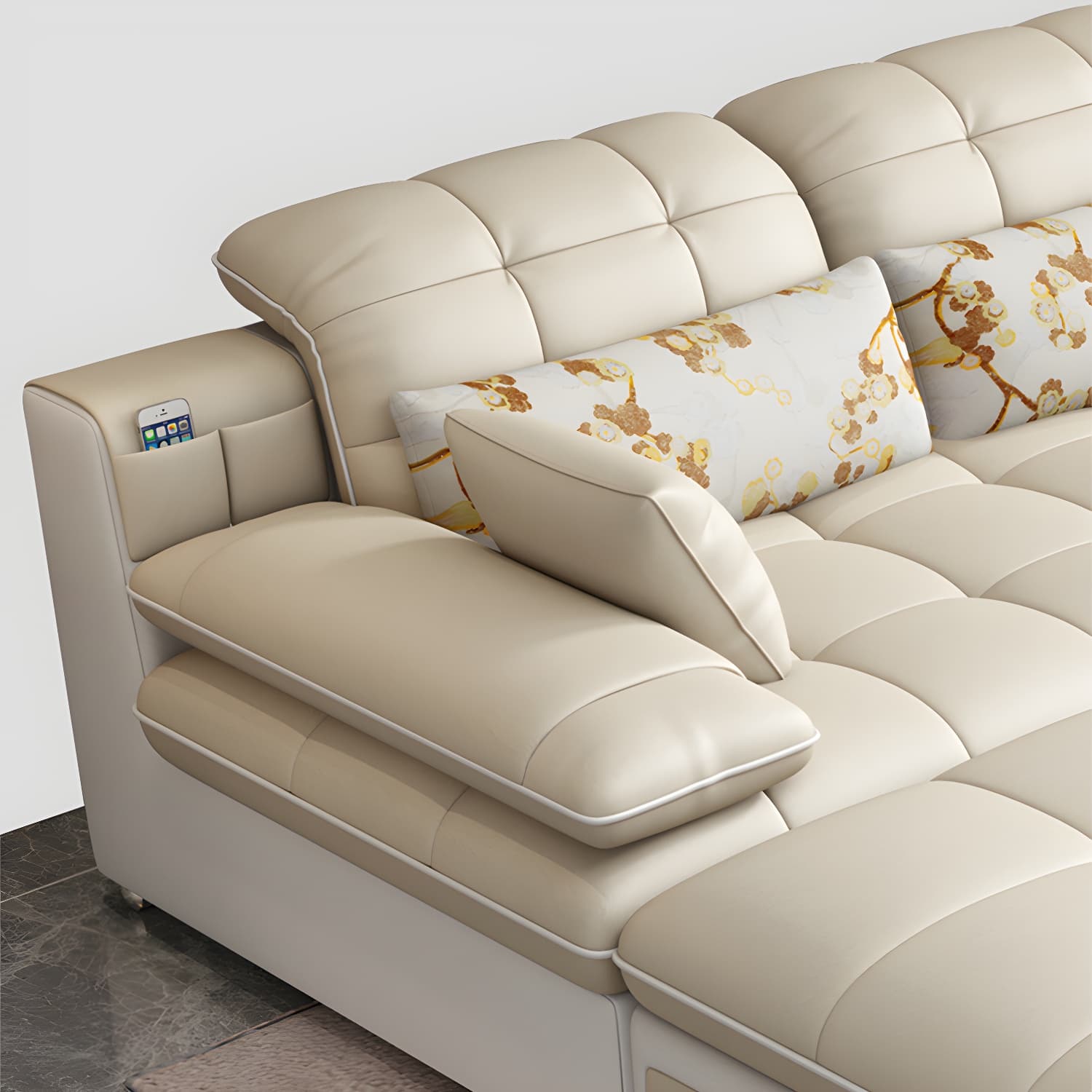 Contemporary Faux Leather Sofa & Chaise Biscuit Back Pillow Top Sofa thumbnail 7