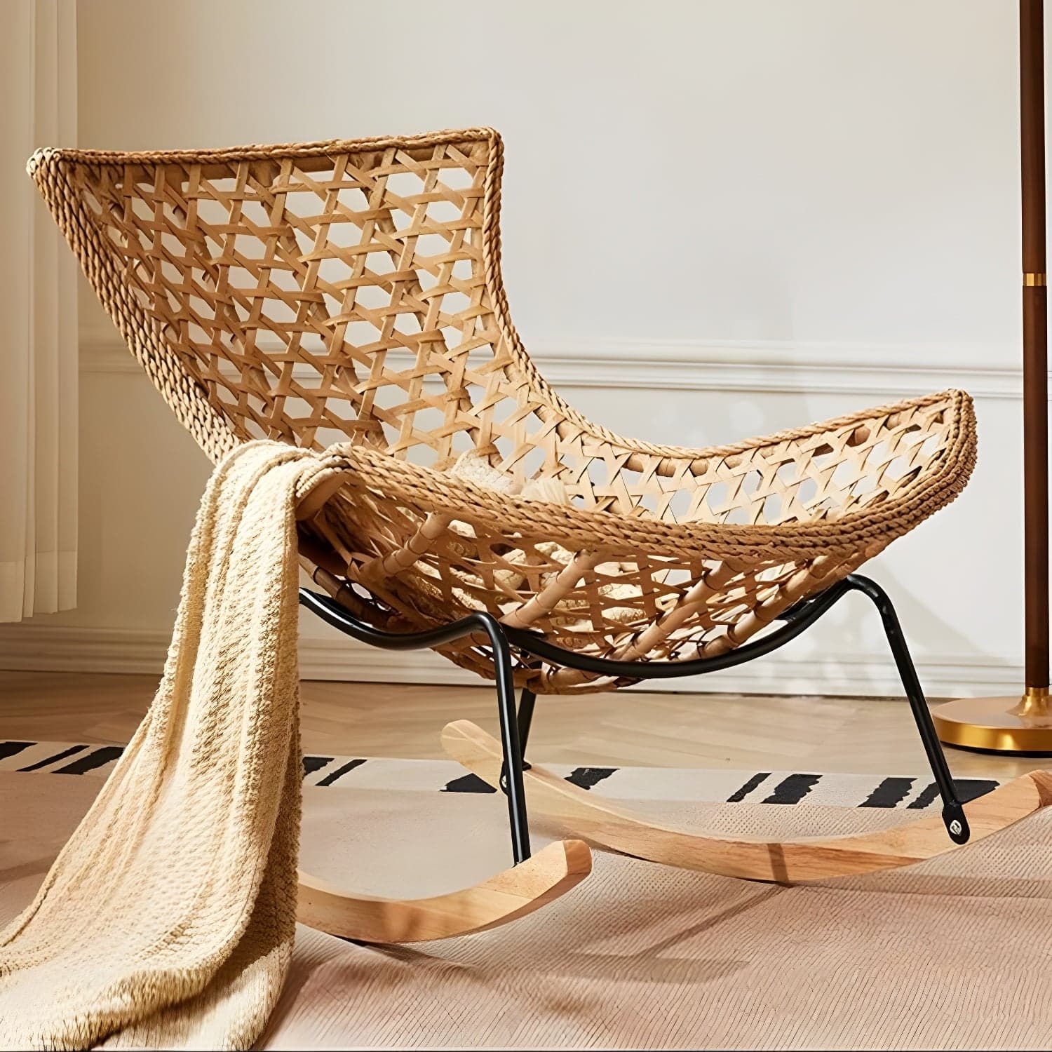 Traditional Armless Design Indoor Rocking Chair with rattan Frame and Nature Wood Legs thumbnail 4