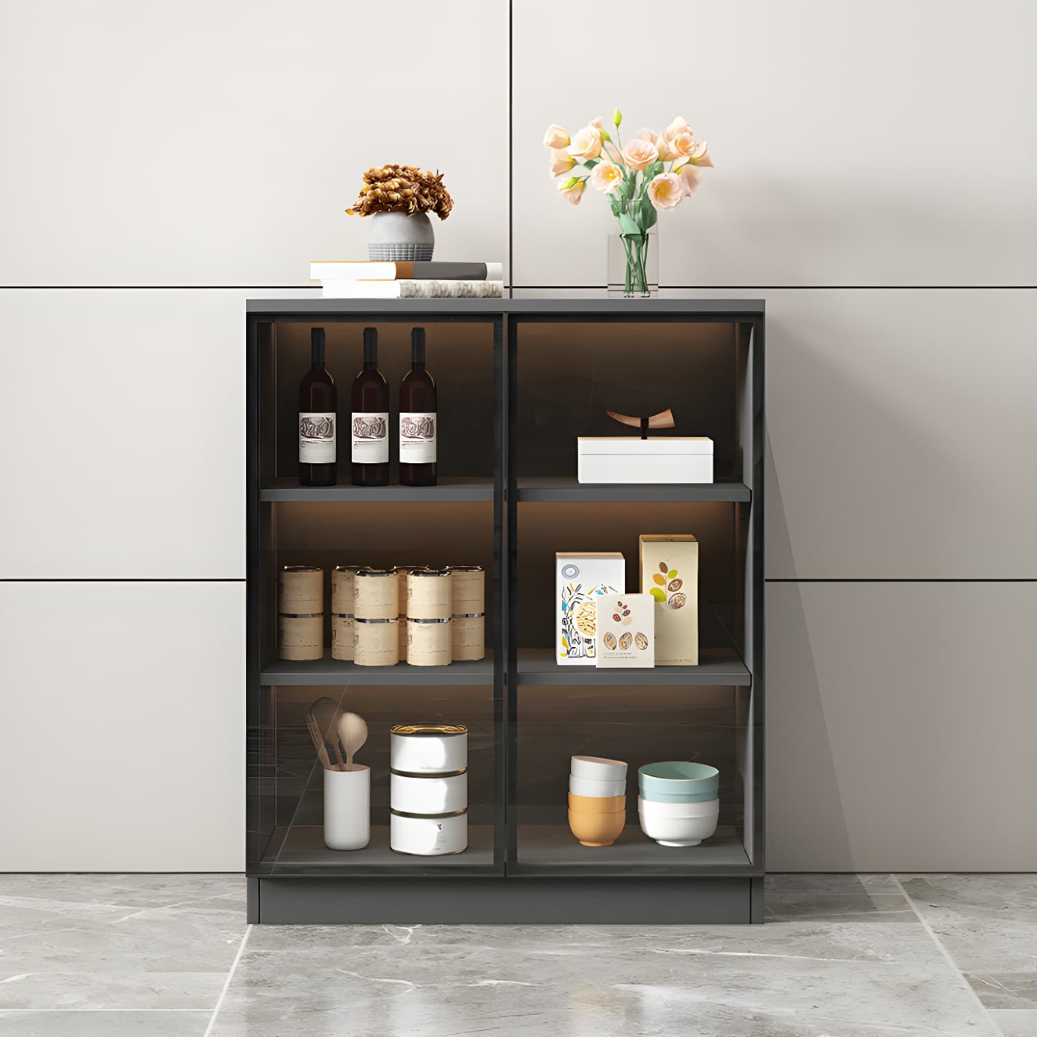 Black Modern Wood Sideboard Credenza with Glass Doors and Interior Shelves thumbnail 4