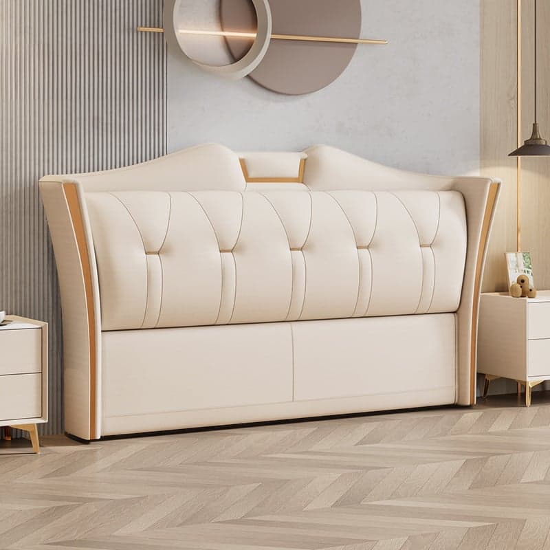 Trendy Wingback Headboard in Natural Wood with No Distressing, Camelback Shape for Queen/Full Bed, Featuring Sponge Upholstery and Standard Height