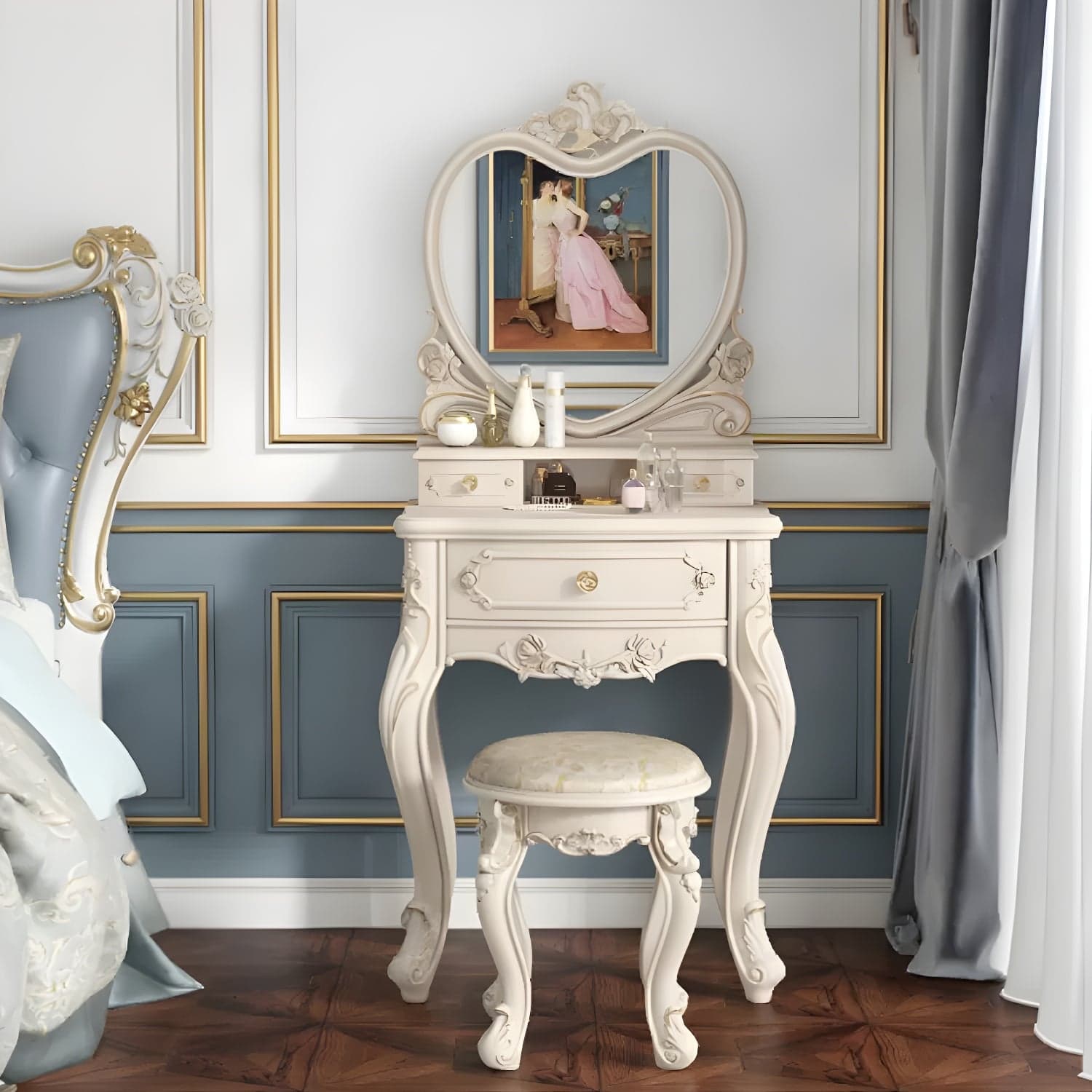 Elegant White Victorian Makeup Vanity Set with Wood Top & Mirror & Drawers & Upholstered Chair thumbnail 2