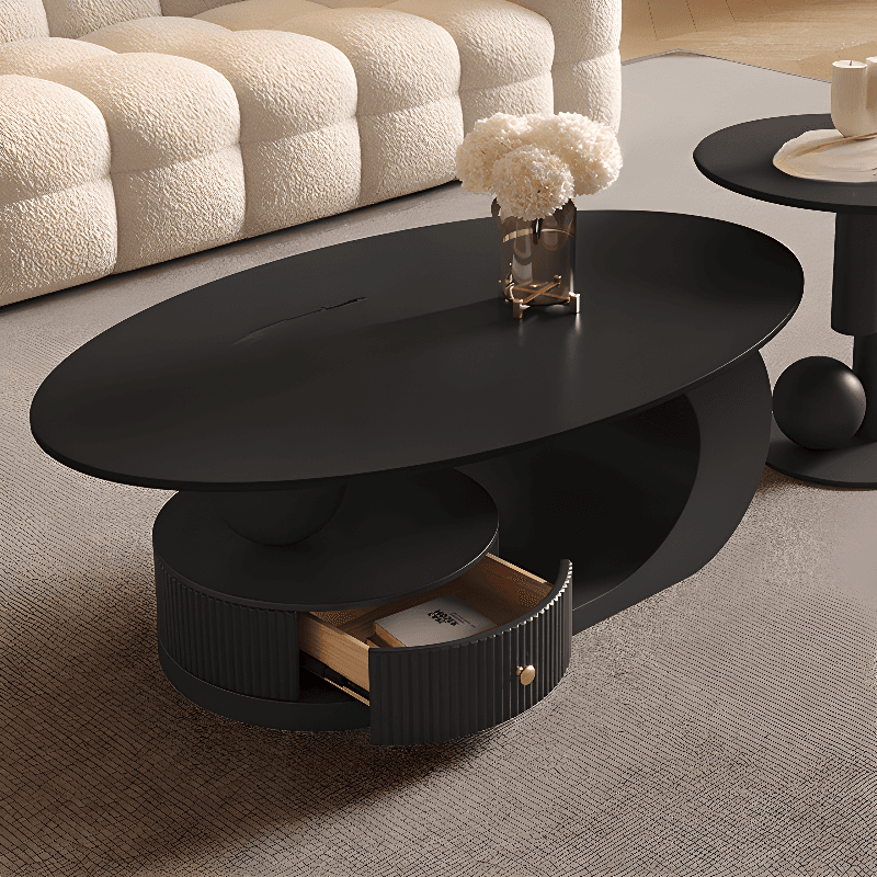 White/Midnight Black Scratch-proofed Oval Sintered Stone Board Game Coffee Table with Abstract Base and 1 Drawer for Living Room thumbnail 14