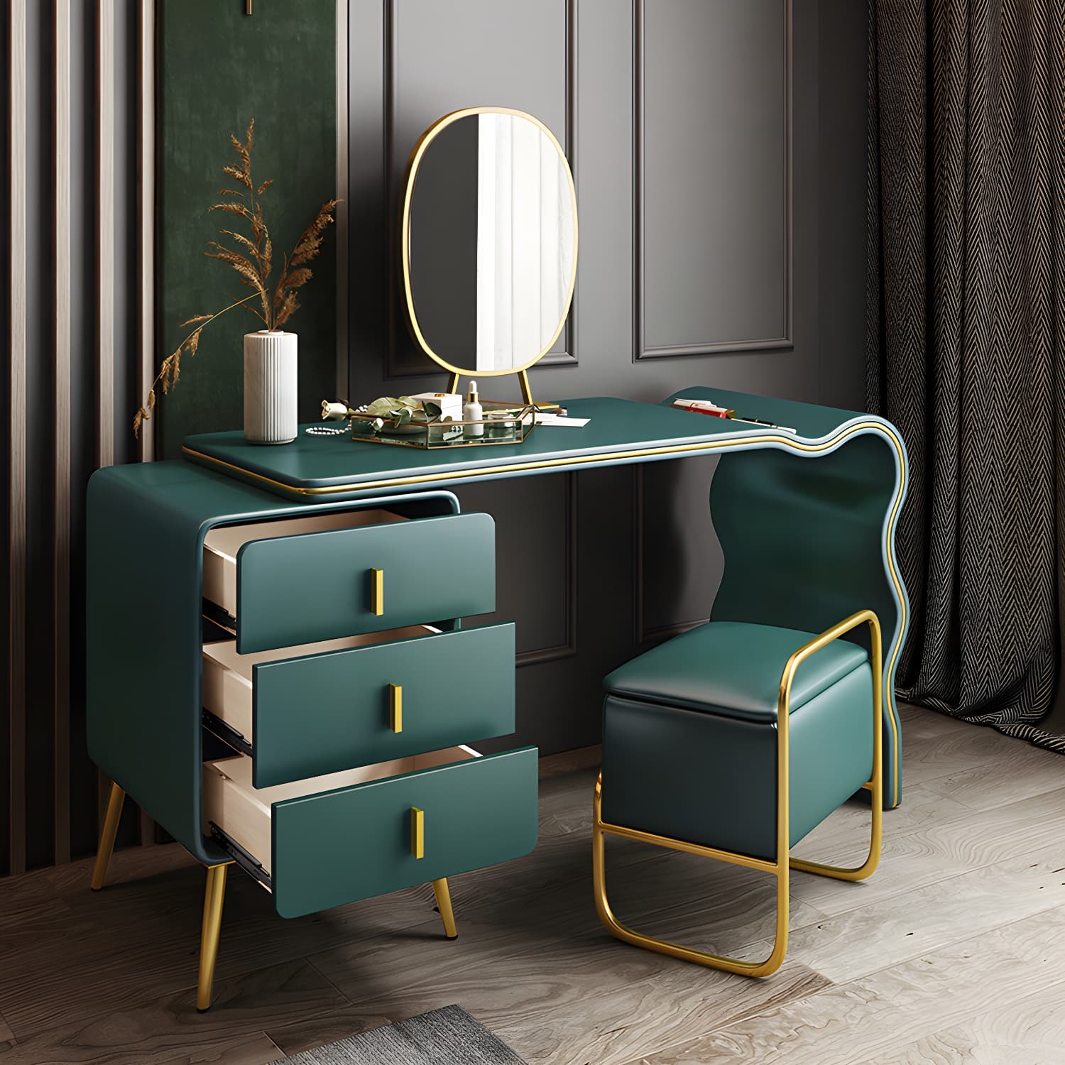 3 Drawers Make-up Vanity Set, 28.74" H Leather Vanity with Stool & Mirror thumbnail 20