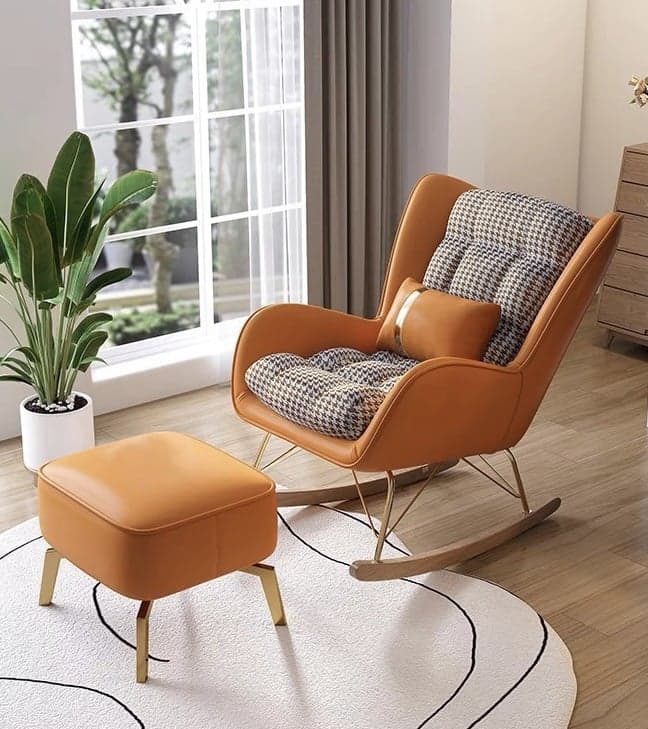 Trendy Cocoa/Lime Green/White Upholstered Rocking Chair Couch 2 Piece Set with Track Arm & Ottoman, Scratch-defiant thumbnail 5