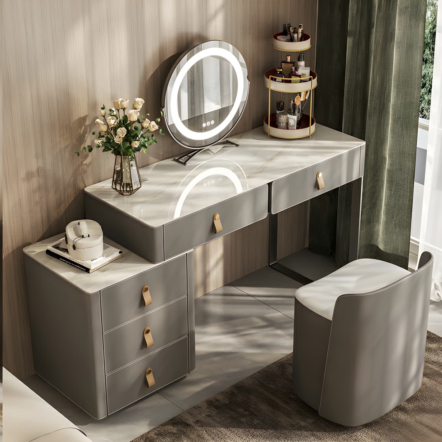 Contemporary 5-Drawer Wood Frame Slate Top Makeup Vanity Desk Table in Gray thumbnail 2