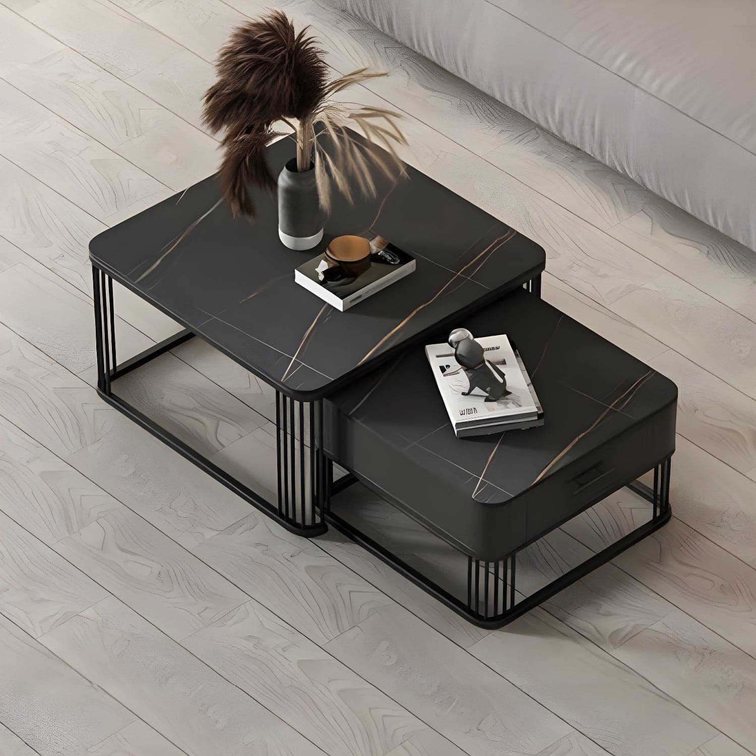 Square Slate Top Coffee Table with Drawers Frame Base 2 Nestling Cocktail Table thumbnail 1