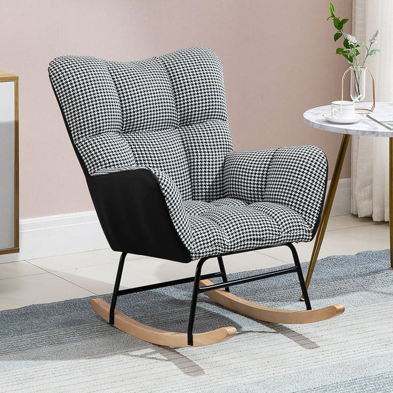 Cotton Cushioned Seat & Back Stationary Rocking Reading Chair with Flared Arm, Footstool, Wing Back & Light Wood Legs thumbnail 1