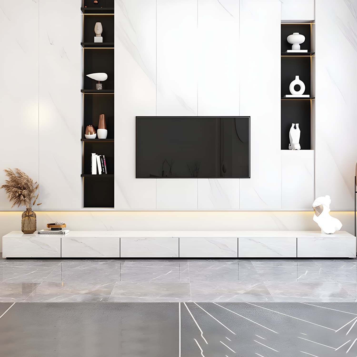 Stone TV Stand Modern TV Console with 6 Drawers Included, White thumbnail 1