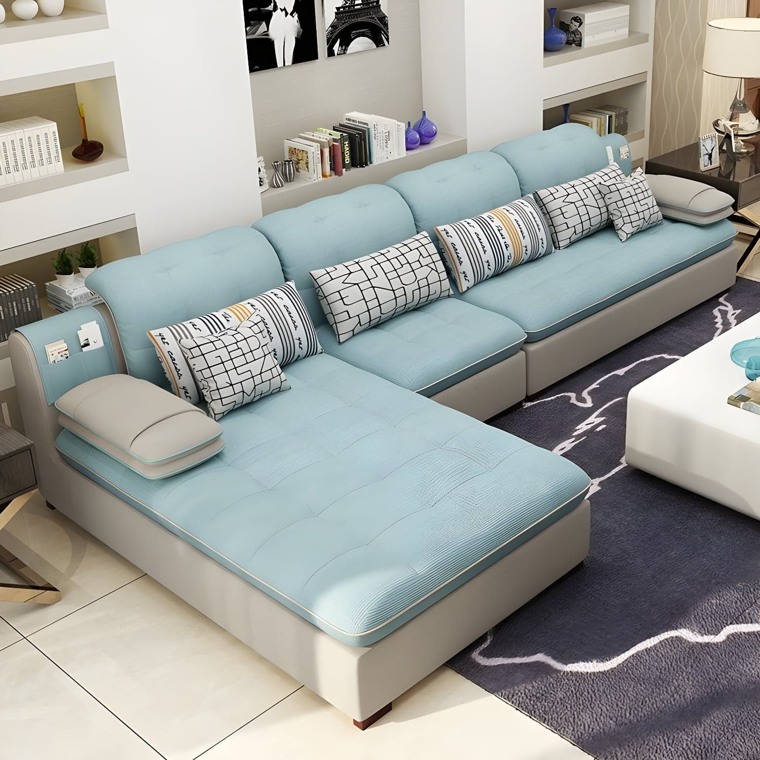 Modern Wood Frame L-Shaped Stationary Sofa Chaise with Adjustable Headrest and Storage Included thumbnail 6